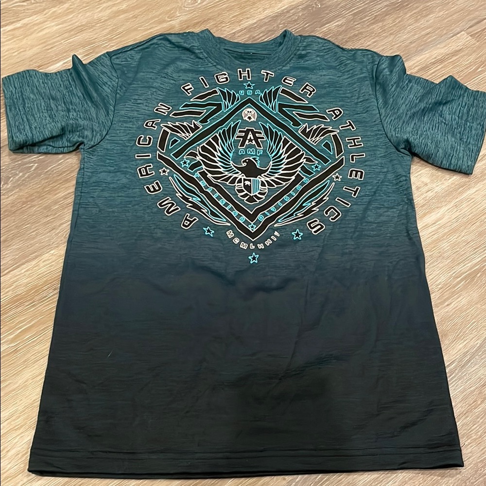 NWOT American Fighter youth tee - faded teal to black - size S
